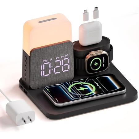 7 in 1 Wireless Charging Station, Magnetic 25W Fast Charger with Alarm Clock & Night Light, Bedside Charging Stand for iPhone 17 16 15 14 13 12 Pro Max, Apple Watch, AirPods, Bedroom