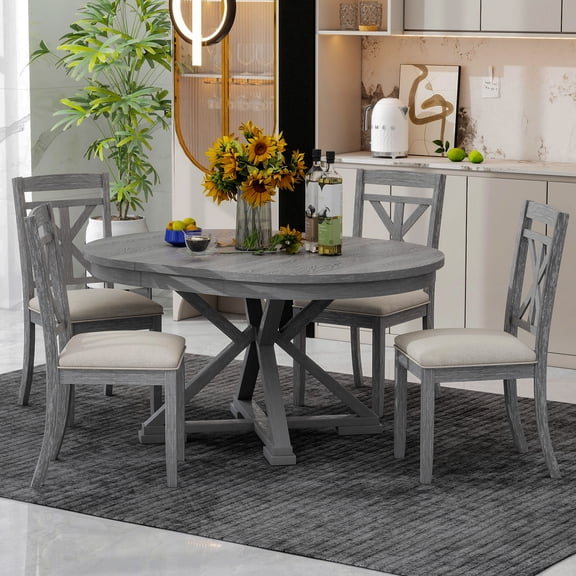 Dining Table Set, Solid Rubber Wood Extendable Round to Oval Table with 4 Upholstered Linen Chairs, 42-54" Length, Grey Finish, Vintage Style for Dining Room and Living Room