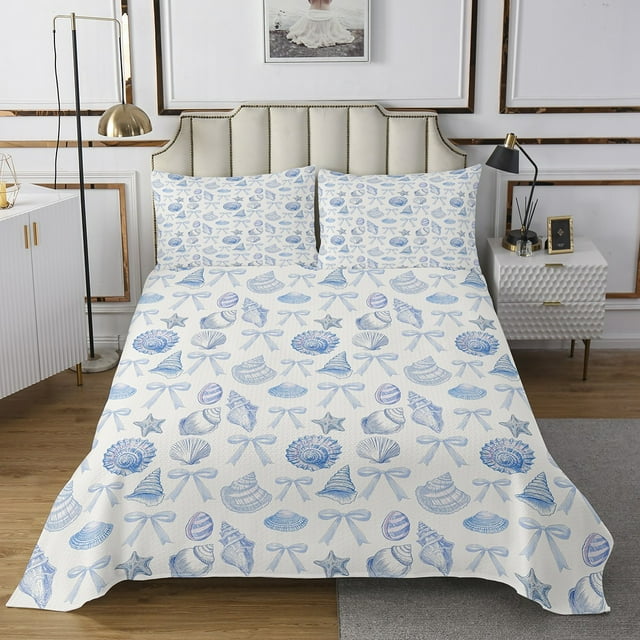 Erosebridal Blue Bowknot Coverlet Set Queen for Girls, Ocean Seashell Conch Bedding Set, Ultra Soft 3 Pieces