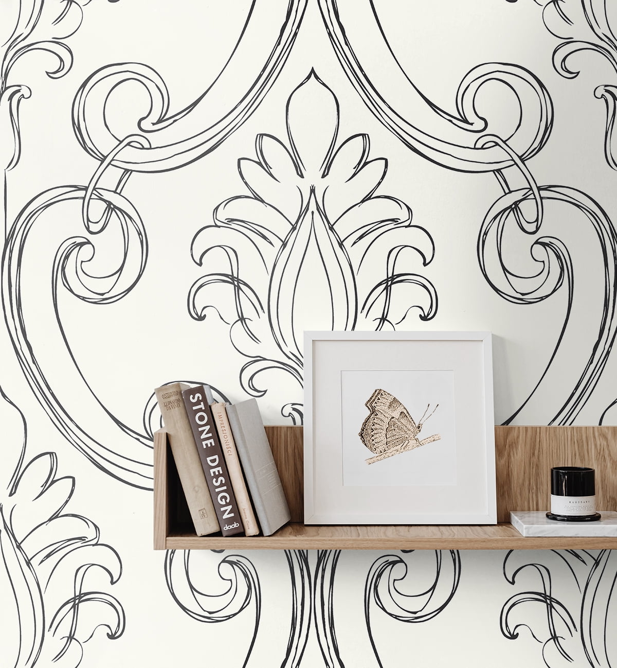 NextWall Ebony Sketched Damask Peel and Stick Wallpaper