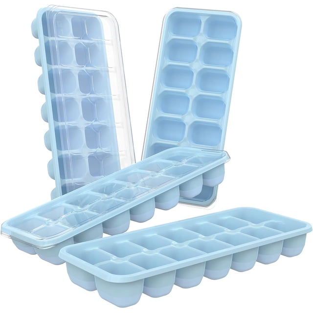 DOQAUS Bandejas para cubitos de hielo, paquete de 4, silicona de fácil liberación y flexible para 14 cubitos de hielo con tapa extraíble resistente a derrames, certificado LFGB y libre de BPA, para có