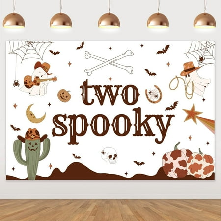 Halloween Western Cowboy Theme Two Spooky Backdrop 2nd Birthday Party Decorations Cactus Pumpkin Background Photo Booth Props Banner for Halloween Western Cowboy 2nd Birthday Party Decor Favors 5x3ft