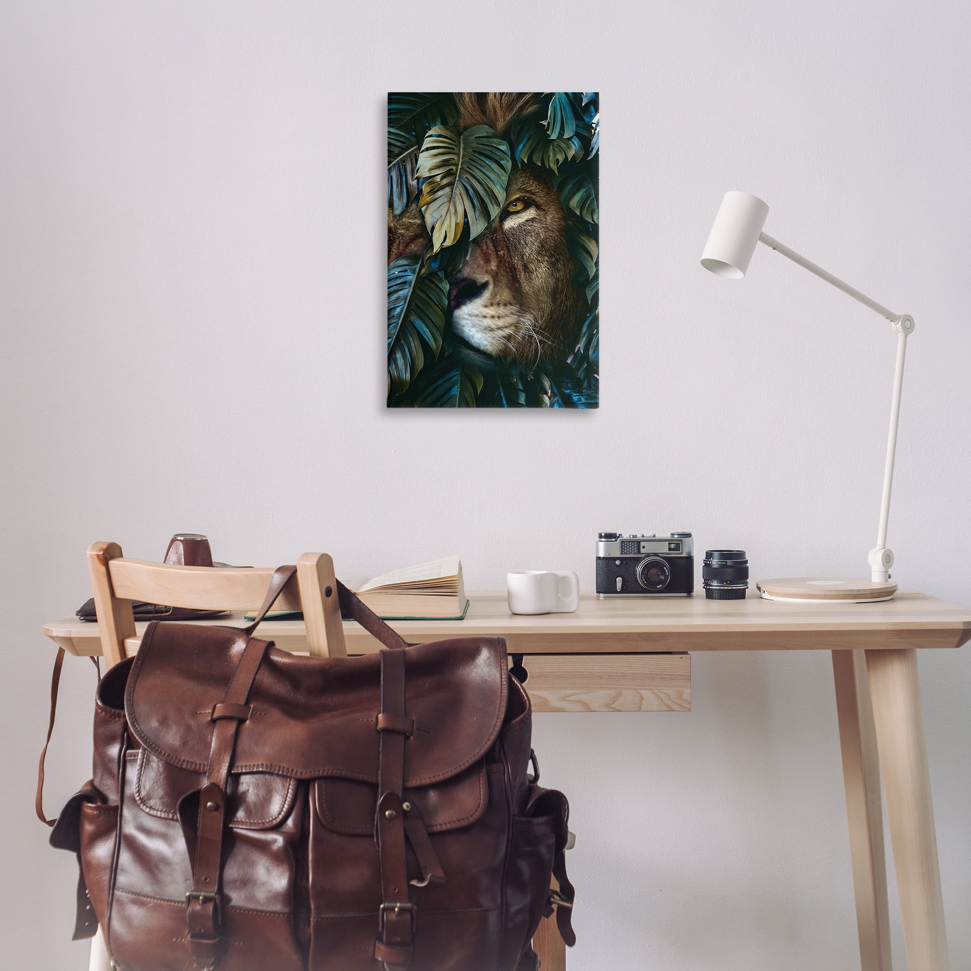Stupell Industries Lion Peering Monstera Leaves Plants & Flowers Painting Wrapped Canvas Art Print Wall Art, 20 x 30