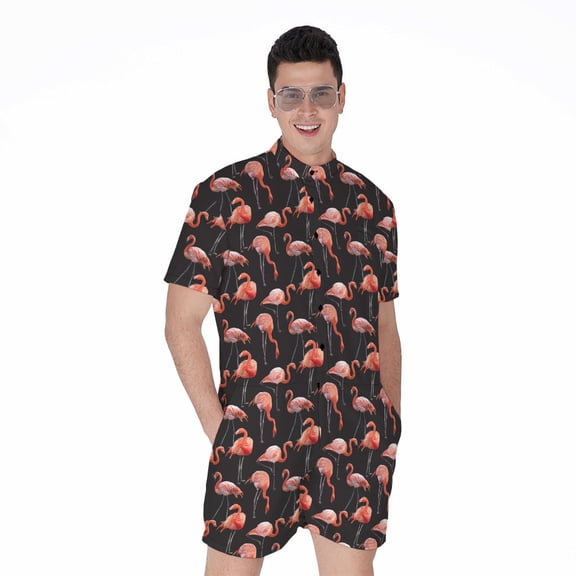 Watercolor Flamingo Pattern Short Sleeve Men'S Rompers, Flamingos Lover Casual Summer Jumpsuits Outfit