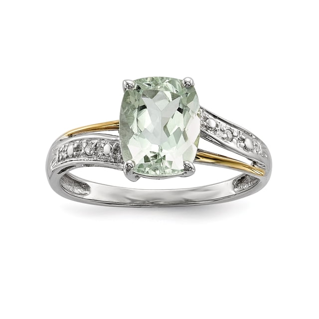 Sterling Silver & 14K Green Quartz and Diamond Ring Size 6