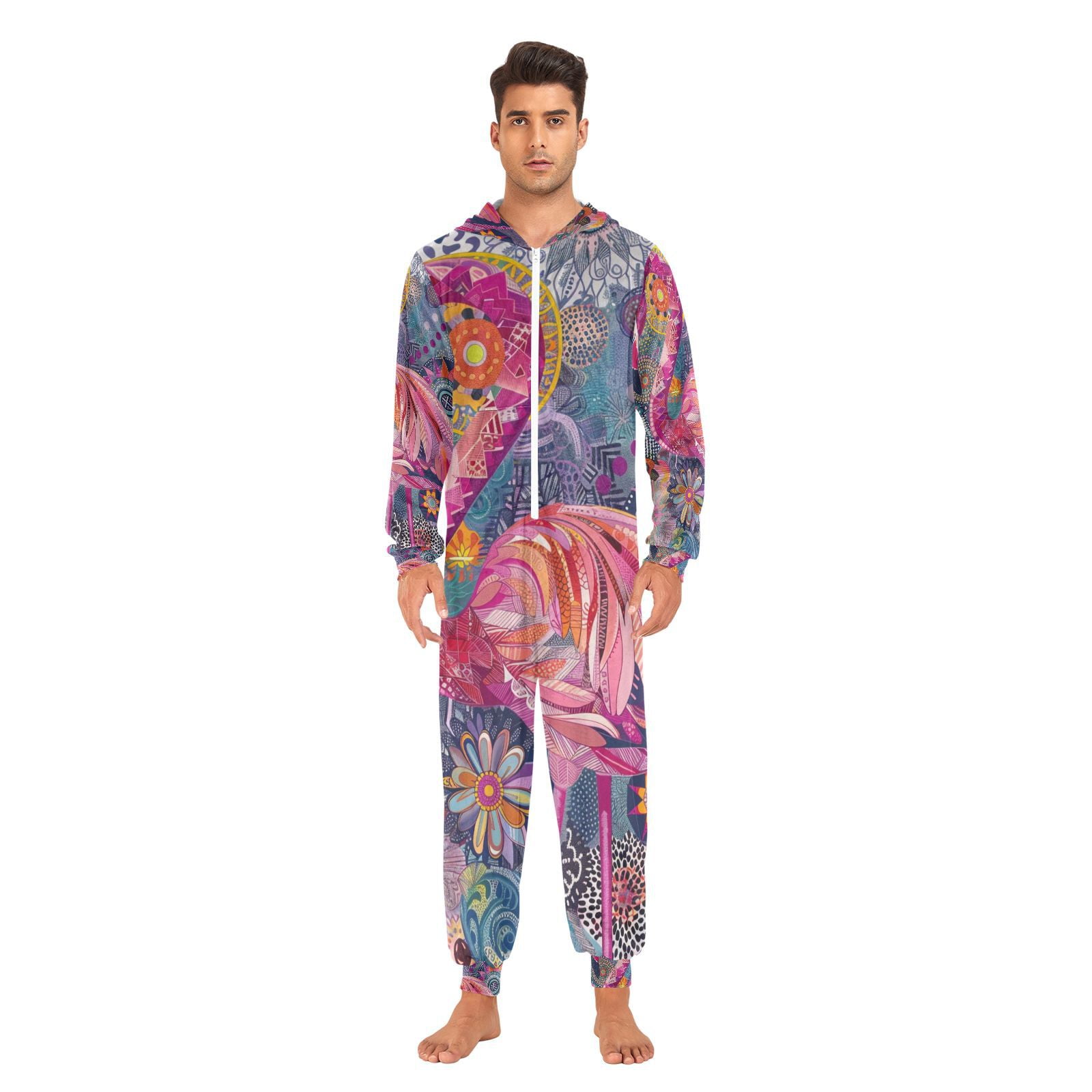 Pink Flamingo Adult Onesie Pajamas Slim Fit Christmas One Piece Suit Pjs for Women and Men Hooded Zipper
