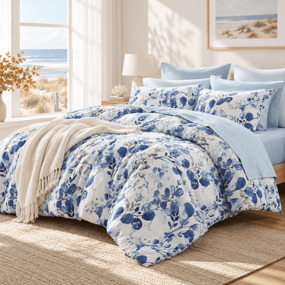 Regency Heights 9-Piece Queen Size Seersucker Comforter Set with Sheets, Textured Botanical Print Bed in a Bag, Blue Reversible Bedding Comforter Set with Flat Sheet, Fitted Sheet with Side Pocket