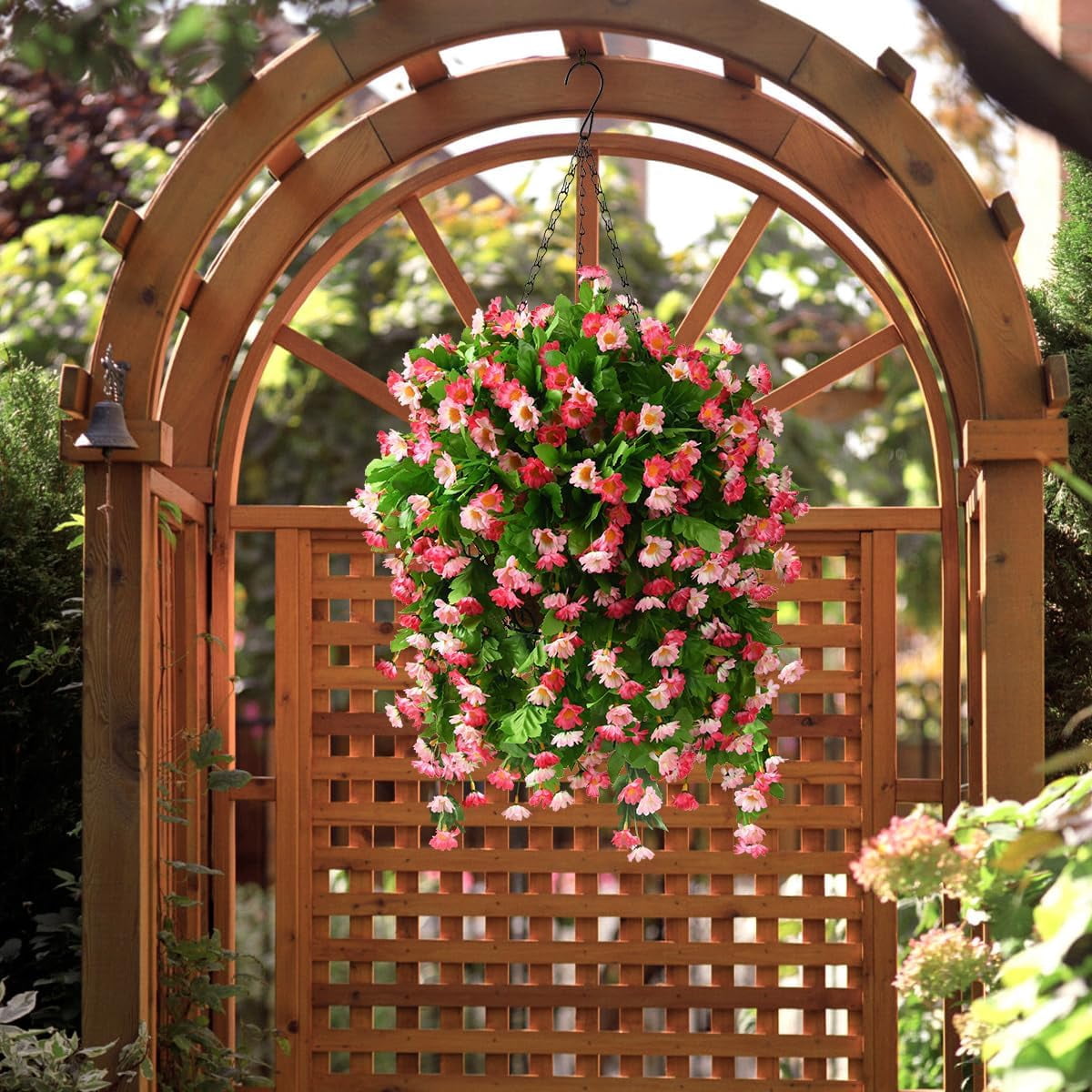 Artificial Silk Flowers in Hanging Basket Outdoor Indoor Garden Decor, Artificial Hanging Plant in Basket, Hanging Daisy Flowers with 12inch Coconut Lining Chain Palm Flowerpot(Pink)