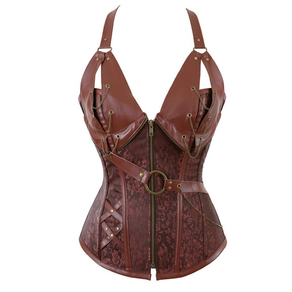 Grebrafan Corset Womens Punk Rock Leather Bustier Top Brown 6XL