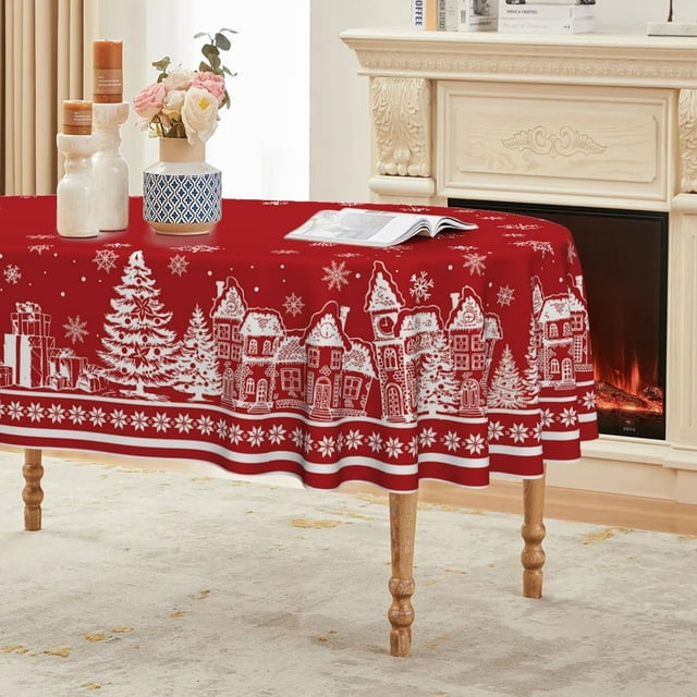 Christmas Tablecloth 60×84 Inch Oval, Red Snow House Pine Trees Washable Table Cover for Party Picnic Dinner Decor