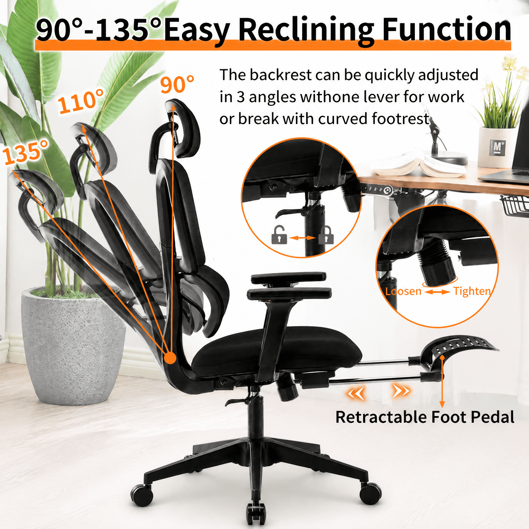 Ergonomic High Back Mesh Office Chair with Retractable Footrest, 2D Headrest & 4D Armrest, 90°-135° Reclining Sponge Cushion Computer Desk Chair