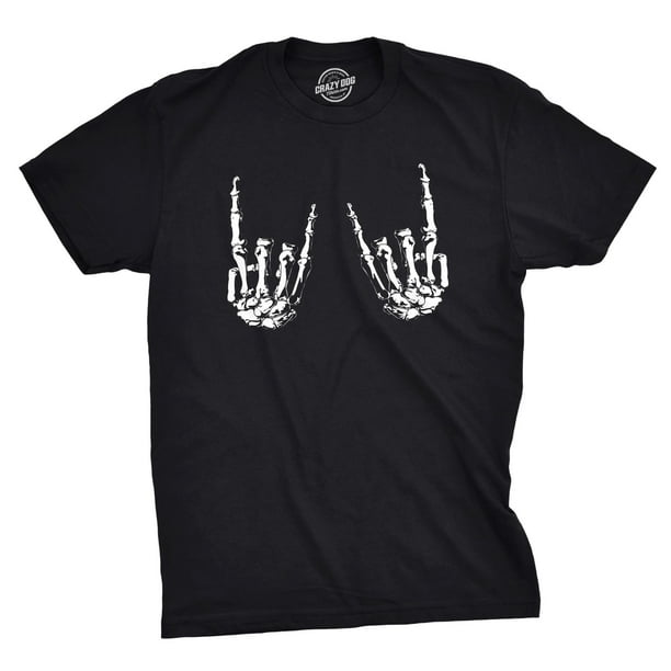 Crazy Dog T-Shirts - Mens Heavy Metal Bones Hands Tshirt Funny Rock On Halloween Tee (Black 