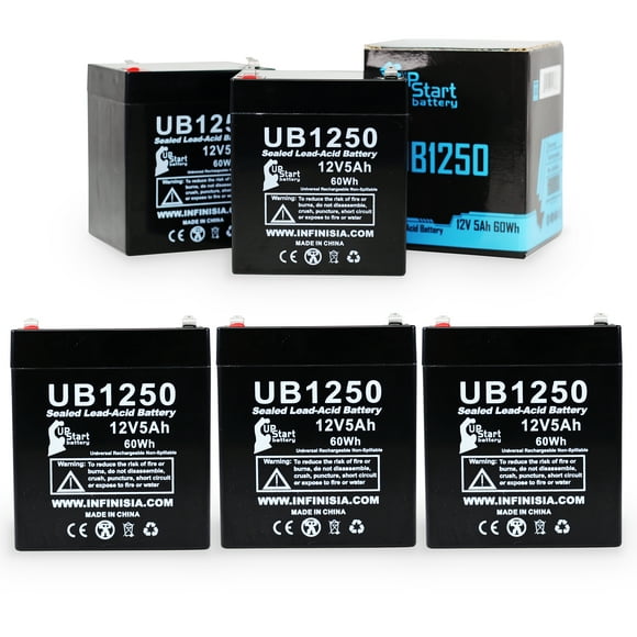5-Pack UB1250 Universal Sealed Lead Acid Battery (12V, 5Ah, F1 Terminal, AGM, SLA) Replacement - Compatible With Ademco 4110XM, Securitron PB2, Powersonic PS-1250