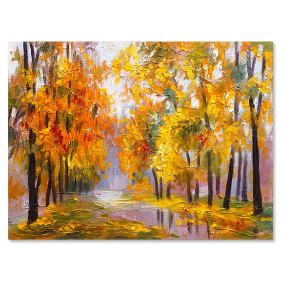 Designart ' Forest Full Of Fallen Leaves In Autumn Along River ' Lake House Canvas Wall Art Print