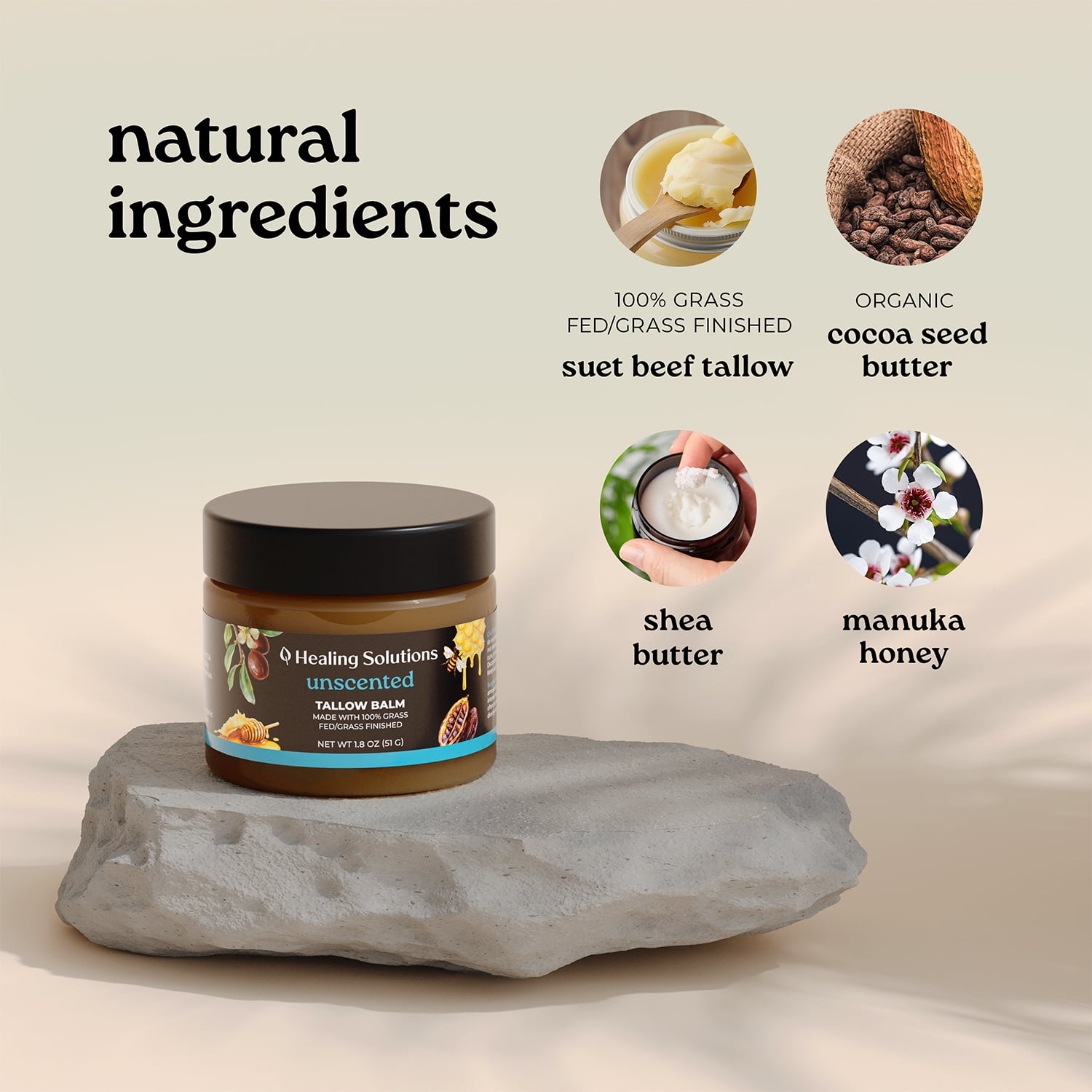 Healing Solutions Whipped Beef Tallow & Honey Balm – Unscented, All-Natural Moisturizer for Face & Body, 1.8 oz