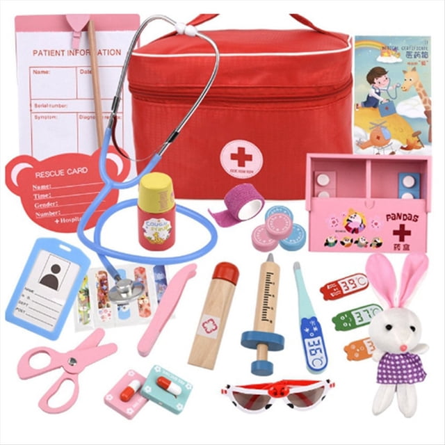 Juego de Juguetes de para Niños, Kit de Juego de Simulación de Madera para Niños y Niñas, Caja de Medicinas de Dentista Roja