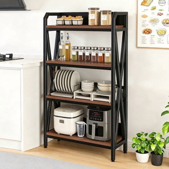 Étagère de Boulanger de 6,30 Pieds' à 4 Niveaux, Étagères de Rangement en Métal et Bois pour Cuisine, Organisateurs et Rangement de Cuisine, pour Garage, Garde-Manger, Salle de Bain, Garde-Robe, Longueur de 33,50 Pieds'