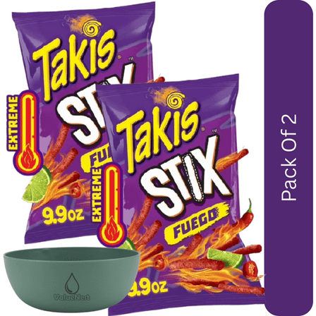 Takis Fuego Spicy Rolled Tortilla Chips, Chili Pepper & Lime Crunch, 9.9 oz Sharing Size Bag With Olive Green Bowl By ValueNest
