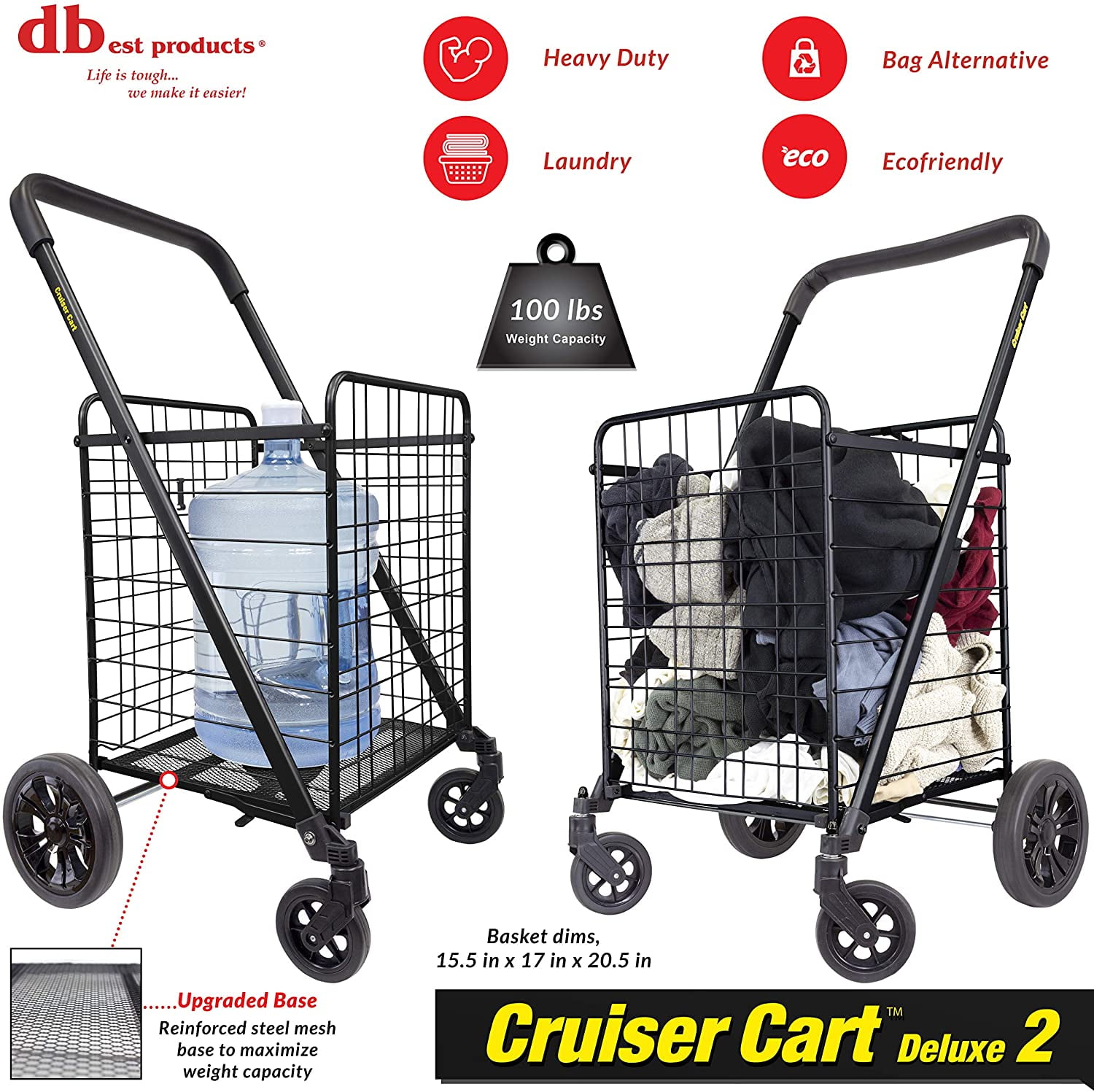 dbest Products Cruiser Cart Deluxe 2 Germ Guard Bundle Shopping Handle Grocery Rolling Folding Laundry Basket on Wheels Foldable Utility Trolley Compact Lightweight Collapsible 