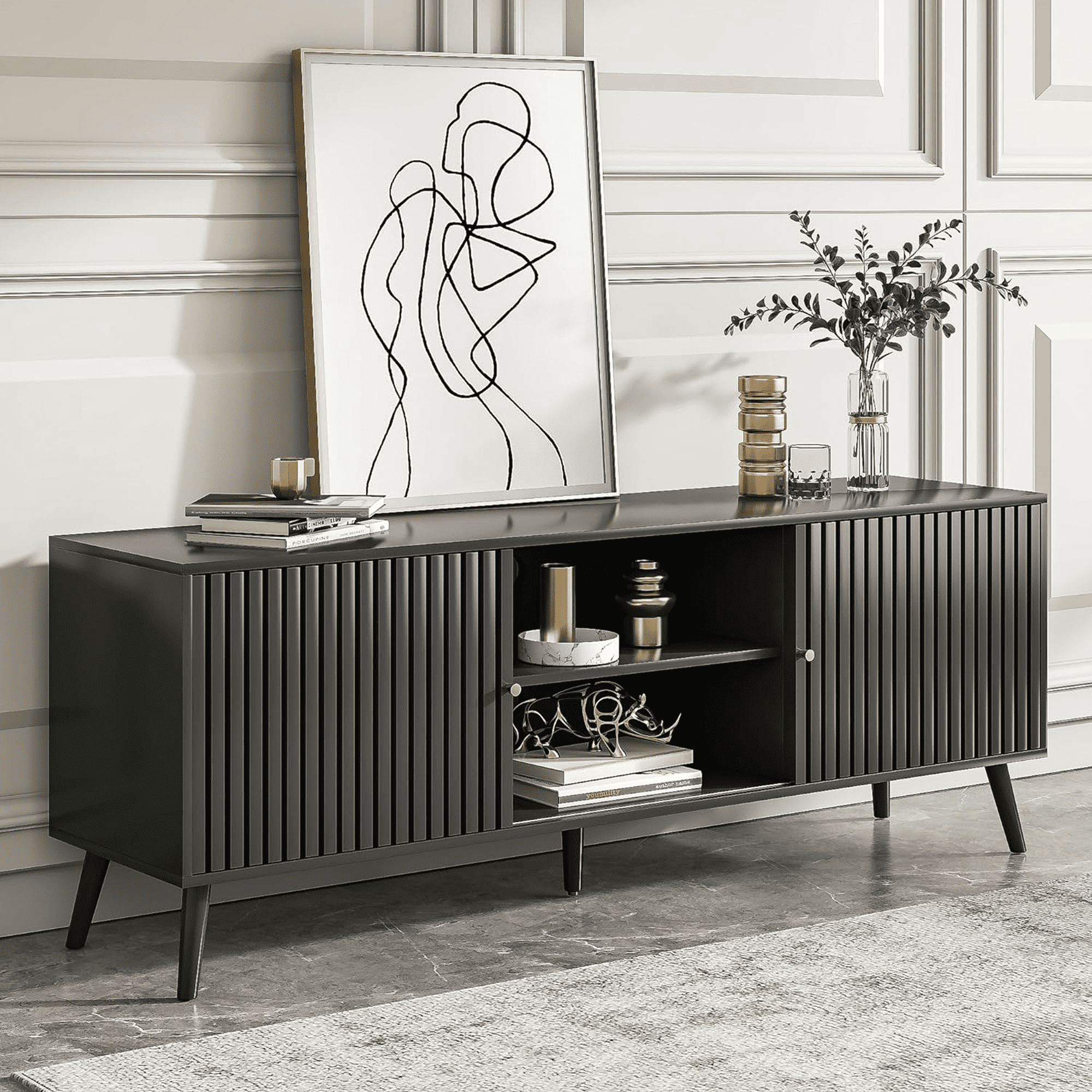 Oubayajia Mid-Century Modern 63" TV Stand for TVs up to 70”, Wood TV Console with Waveform Sliding Doors and Storage, Entertainment Center for Living Room Bedroom, Black