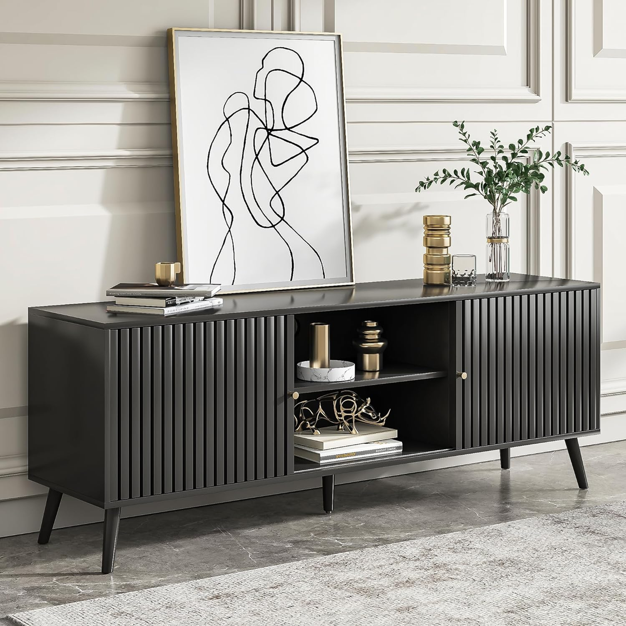 Oubayajia Mid-Century Modern 63" TV Stand with Sliding Doors, Black photo 3
