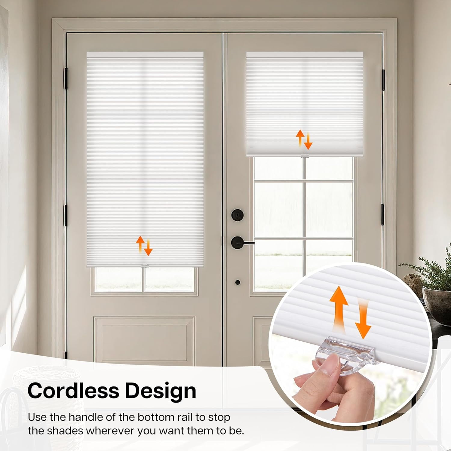 LazBlinds Cordless Cellular Shades for French Doors, No Drill French Door Blinds for Privacy, Light Filtering Honeycomb Shades for Front Door Patio Sliding Glass Door, 1 Pack, 22" W x 78" H, White