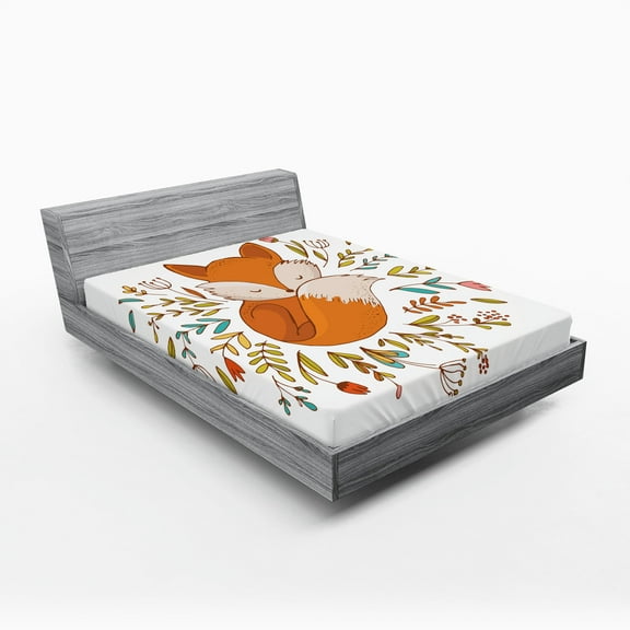 Ambesonne Cartoon Fitted Sheet, Fox Flowers, Queen Size, Dark Orange White