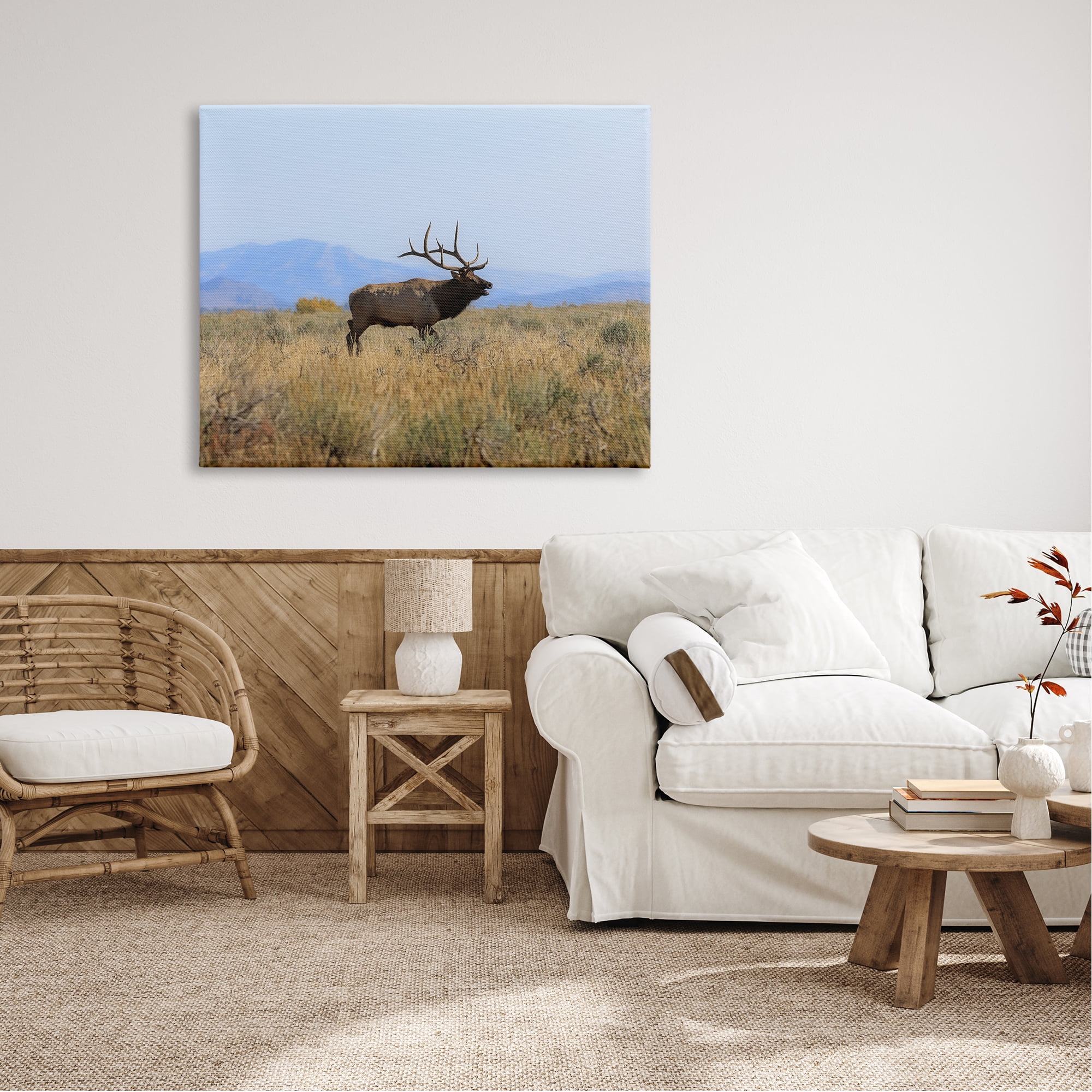 Stupell Industries Elk Grazing Pasture Grassland Blue Distant Mountains Canvas Wall Art, 48 x 36, Design by Daniel Sproul