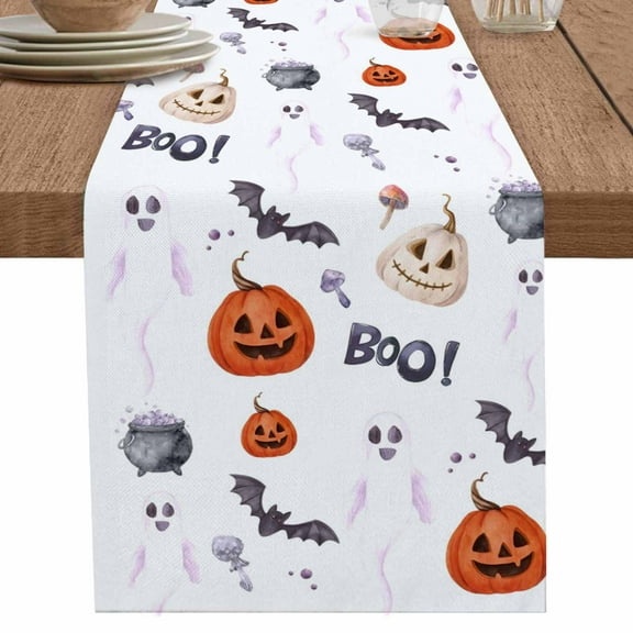 Halloween Table Runner 108 Inches Long for Dining Table Decor,Bat Pumpkin Ghost Candy Fall Seasonal Burlap Linen Farmhouse Table Runner Coffee Table Runners Dresser Scarf for Kitchen Party Holiday