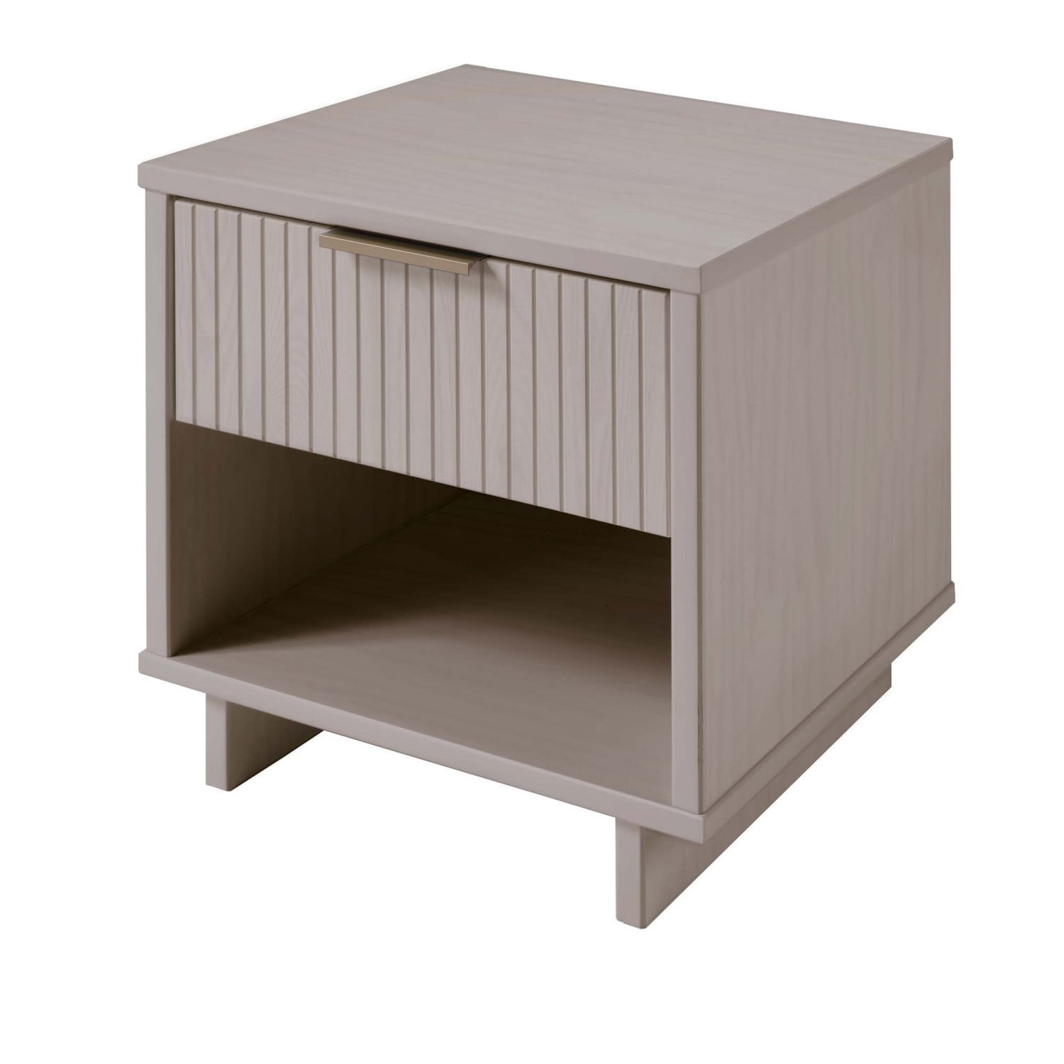 Light Gray Nightstand, Modern Contemporary Bedside Table with 1 Drawer, Solid Wood Ribbed Drawer Front and Gold Handle, Glam Storage End Table for Bedroom Living Room