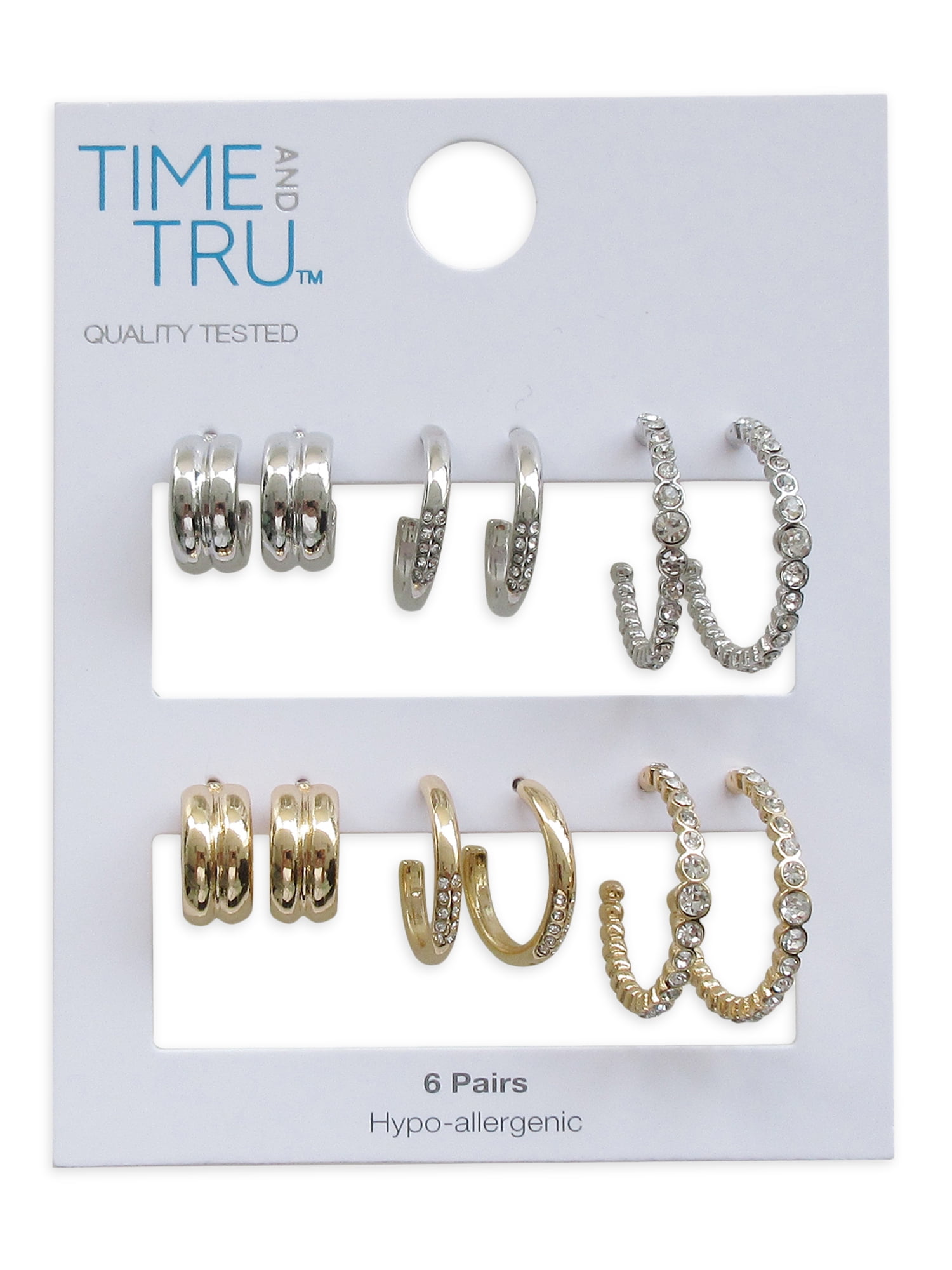 Time and Tru Women's Two Tone Hoop Earring Set with Faux Crystals, 6-Piece