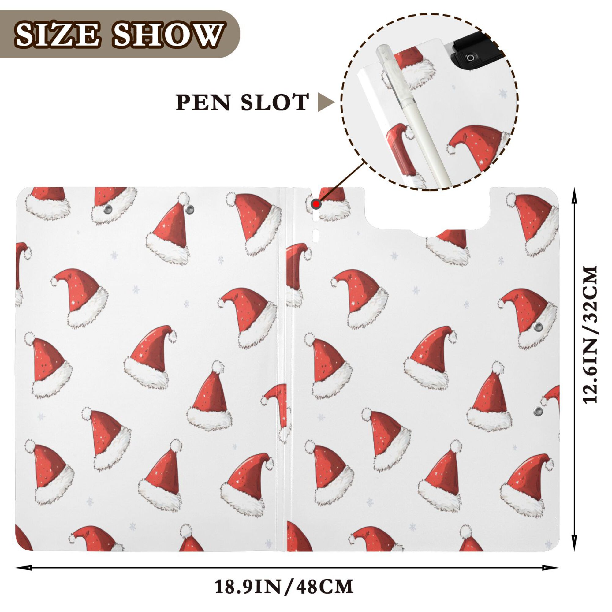 FORMRS A4 Clipboard Folder with Pen Holder Horizontal Foldable School Office Binder, Cute Santa Hats Pattern