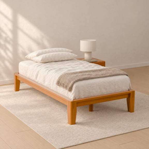Brintavo Twin Solid Rubberwood Platform Bed Frame, Interlocking Joinery, Plywood Slats, Walnut
