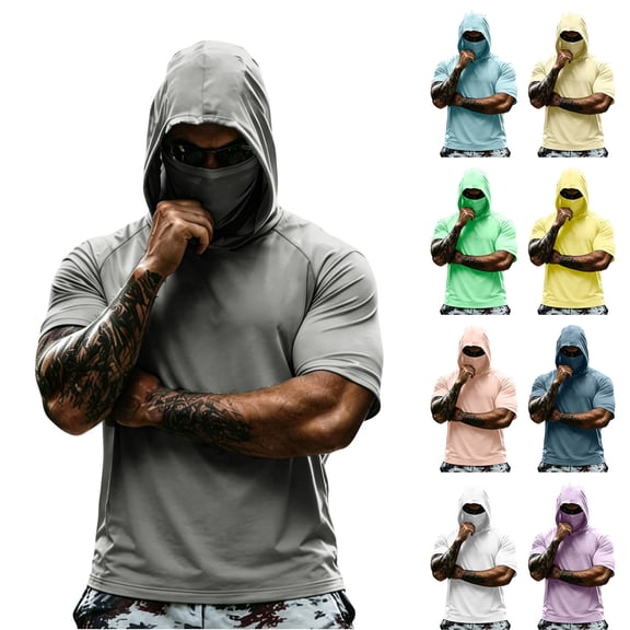 Men's Hooded Short Sleeve Sun Shirt with Face Mask - UPF 50  Quick Dry UV Protection T-Shirt for Fishing, Hiking & Gym - Lightweight Athletic Pullover Complexion L
