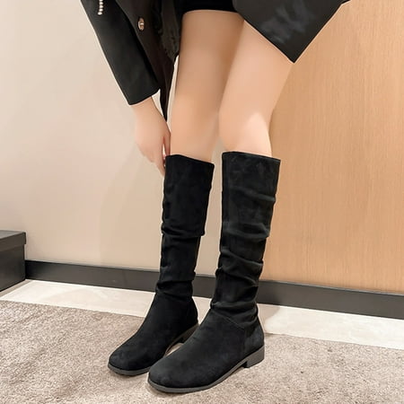 

VKEKIEO High Boots For Women Round Toe Low Heel Walking Shoes Ornamental Zipper Buckle Black