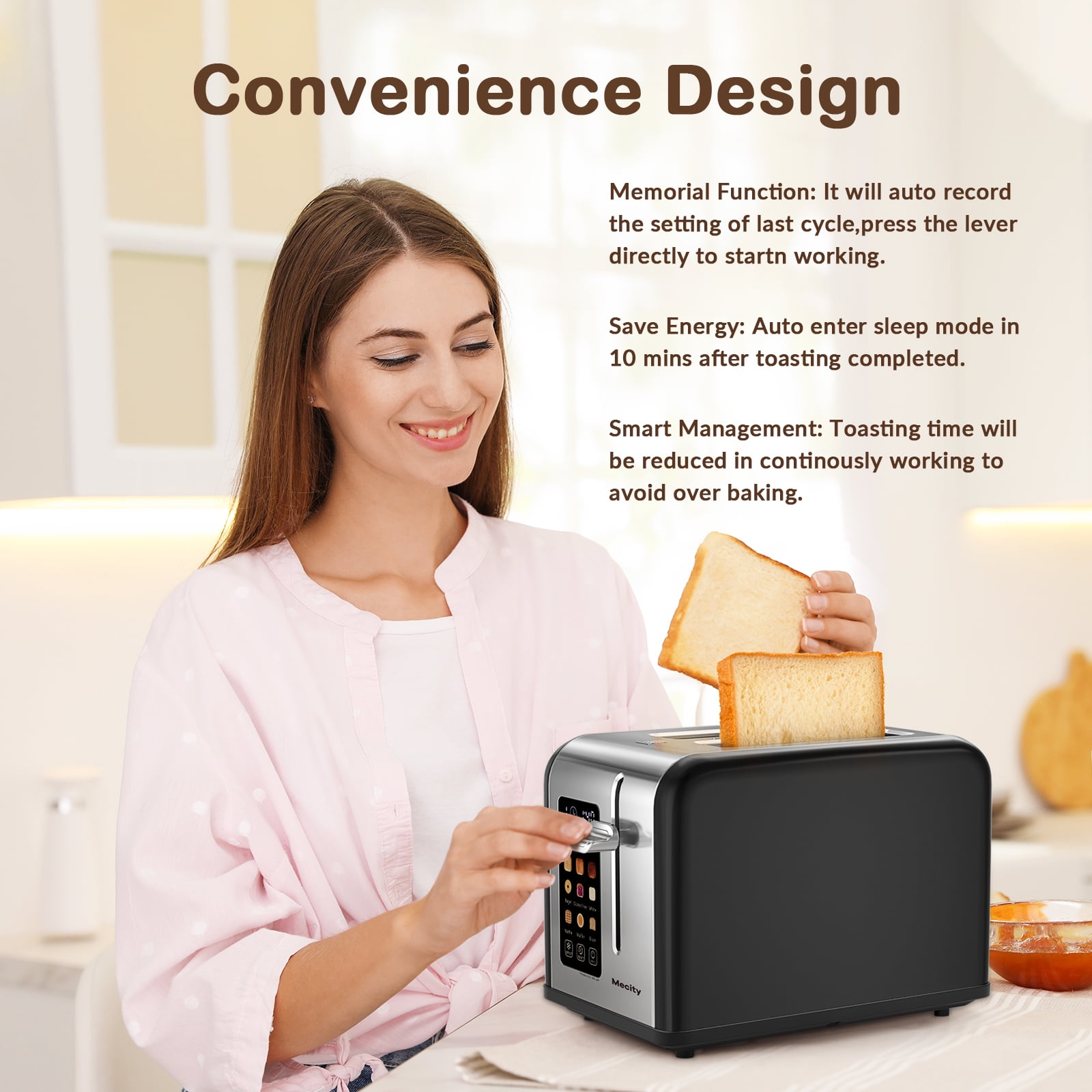 Mecity Touchscreen 2-Slice Toaster, Stainless Steel, Wide Slots, 6 Shade Settings, Reheat & Defrost, Black