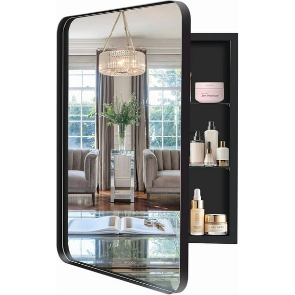 20" x 28" Black Medicine Cabinet with Mirror, Recessed Bathroom Medicine Cabinet with Round Corner & Aluminum Alloy Framed, Surface Mount Storage Cabinet | 2 Adjustable Glass Shelves