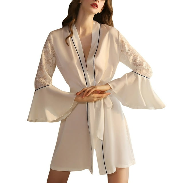 Gibobby Pijama De Mujer mujer Sexy manga larga longitud media Albornoz dama de honor camisón Albornoz ropa de dormir(Blanco,G)