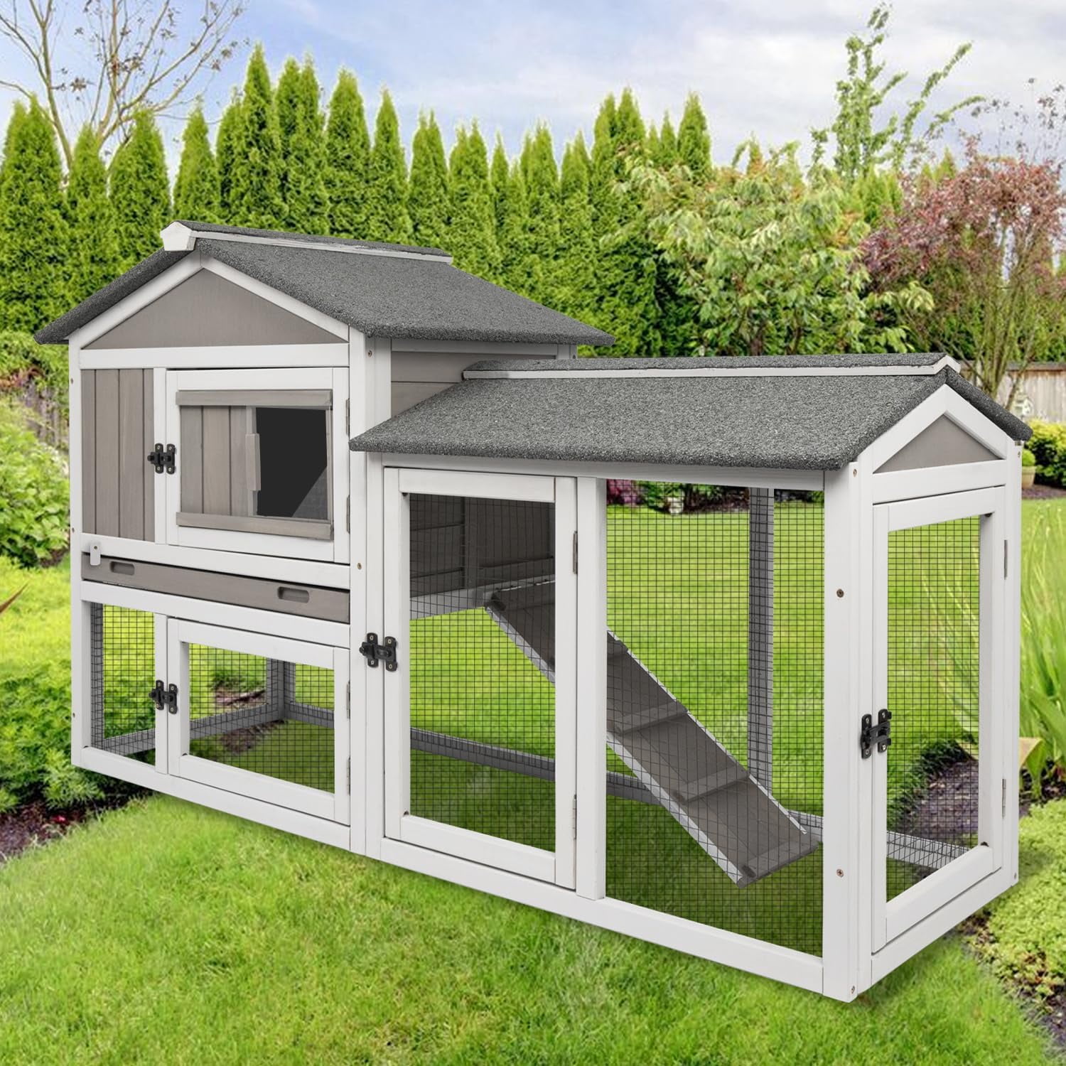 Rabbit Hutch Indoor Bunny Cage Outdoor Bunny Hutch with Pull Out Tray, Wooden Large Rabbit Cage with Run Weatherproof Roof, Guinea Pig Hutch (Grey, 55.1" L x 17.7" W x 33.4" H)