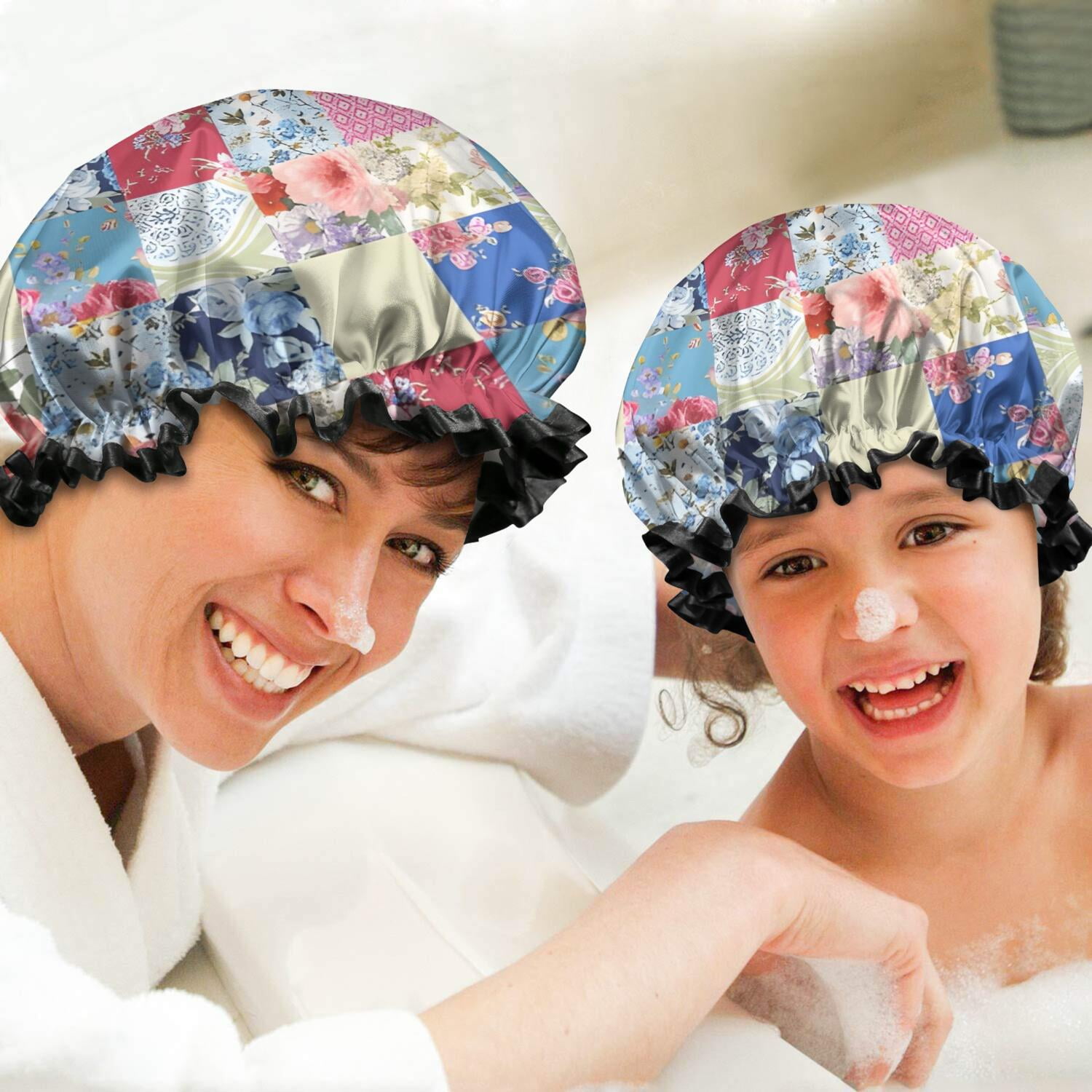 Shower Caps,Patchwork Pioneer Flower Waterproof Shower Cap for Women 4 Pieces,Double Reusable Hair Cover for Shower PEVA Elastic Stretch Hem