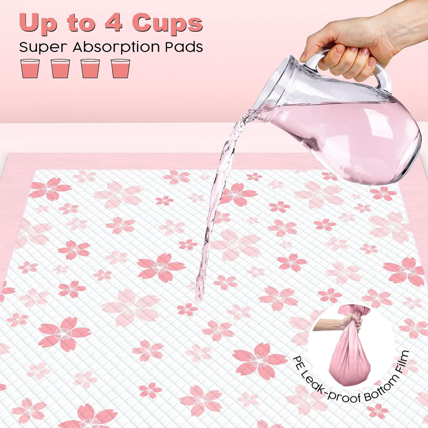Puppy Pads 22"x 22" with Leak-Proof Quick-Dry Design Pee Pads for Dogs Potty Training, 6-Layer Standard Absorbency Dog Pee Pads Regular Size, Pink Cherry Blossom Pattern (50 Counts)
