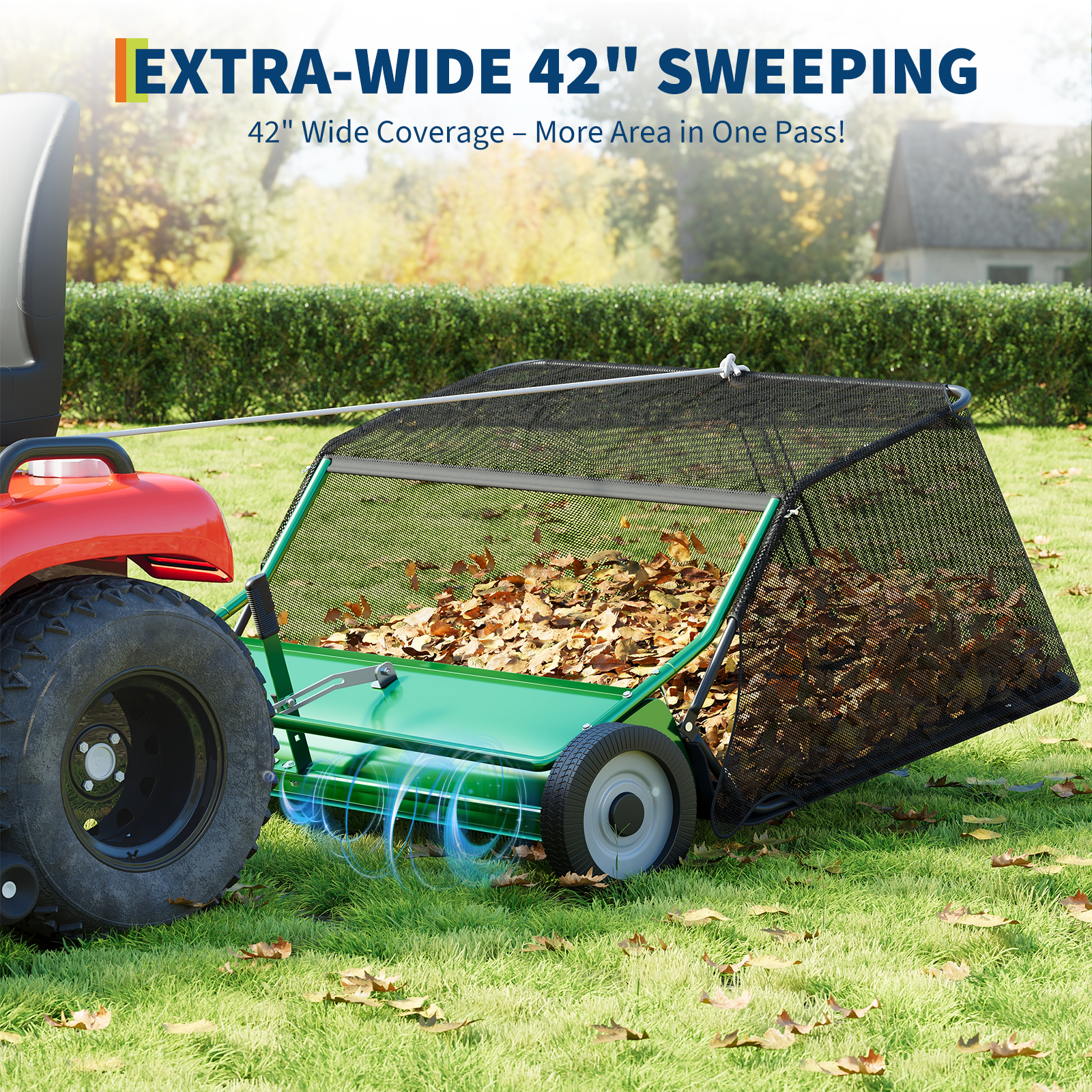 48-Inch Tow-Behind Leaf Collector, 26 Cubic Feet Hopper Lawn Sweeper with 4 Nylon Brushes, Universal Hitch for Lawn Tractors, Black