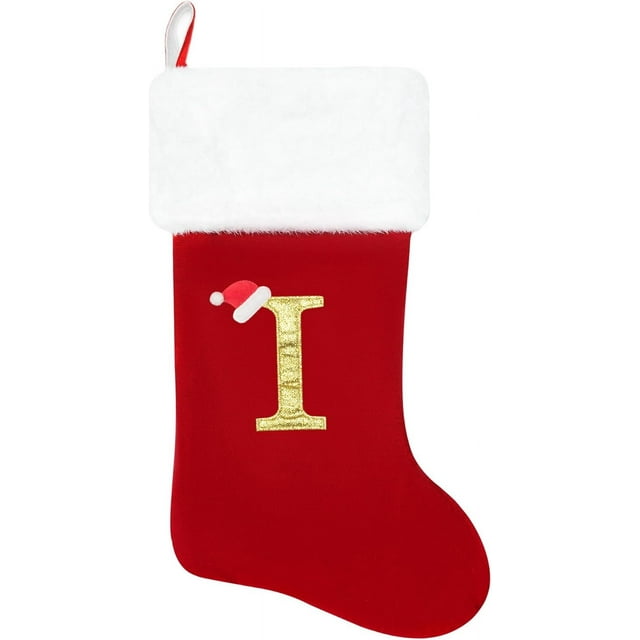 Dbfengbilian 20 Inches Christmas Stockings with Customizable Letters, Large Christmas Stockings with Super Soft Plush Cuff Embroidered Letter - Red I