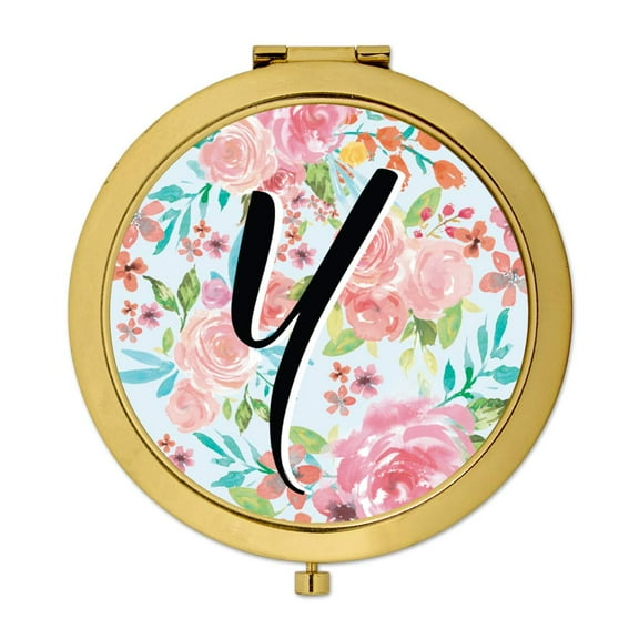 Koyal Wholesale Compact Mirror Bridesmaid's Wedding Gift, Gold, Monogram Letter Y, Tea Party Pink Floral Flowers, 1-Pack