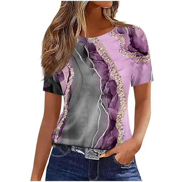 Tops de Manga Corta de Algodón para Mujeres Cuello Redondo Impreso Casual, Blusa de Moda para el Hogar Y el Uso Diario