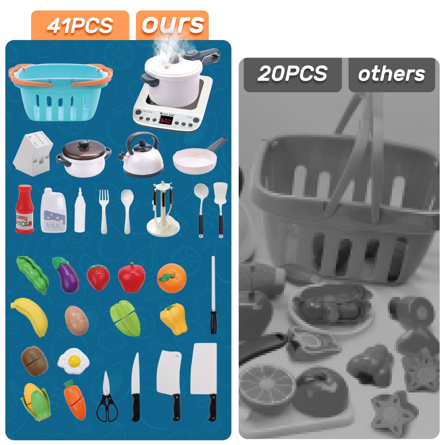 CUTE STONE 40PCS Kitchen Play Toy with Cookware Playset Steam Pressure Pot  and Electronic Induction Cooktop,Cooking Utensils,Toy Cutlery,Cut Play  Food,Shopping Basket Learning Gift for Girls Boys Kids 
