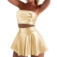 thumbnail image 2 of Women's Two Piece Set Shiny Metallic Skirt And Bandeau Top Strapless Crop Top Mini A-Line Pleated Skater Skirt Stretchy Outfit For Rave Music Festival Clubwear Performance, 2 of 8
