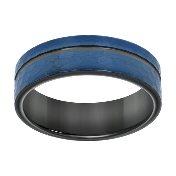 Men's Tungsten Blue & Black Two Tone Brushed Finish Grooved Comfort Fit 8mm Wedding Band | Size 7