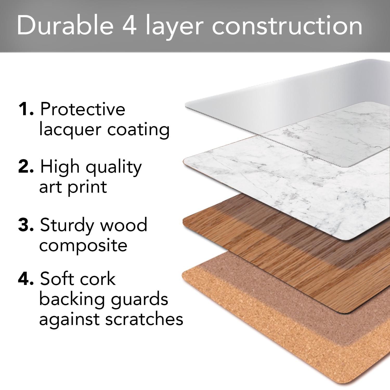 Cala Home "White Marble Design" Premium Decorative Hardboard Cork Back Tabletop Placemats 4 Pack