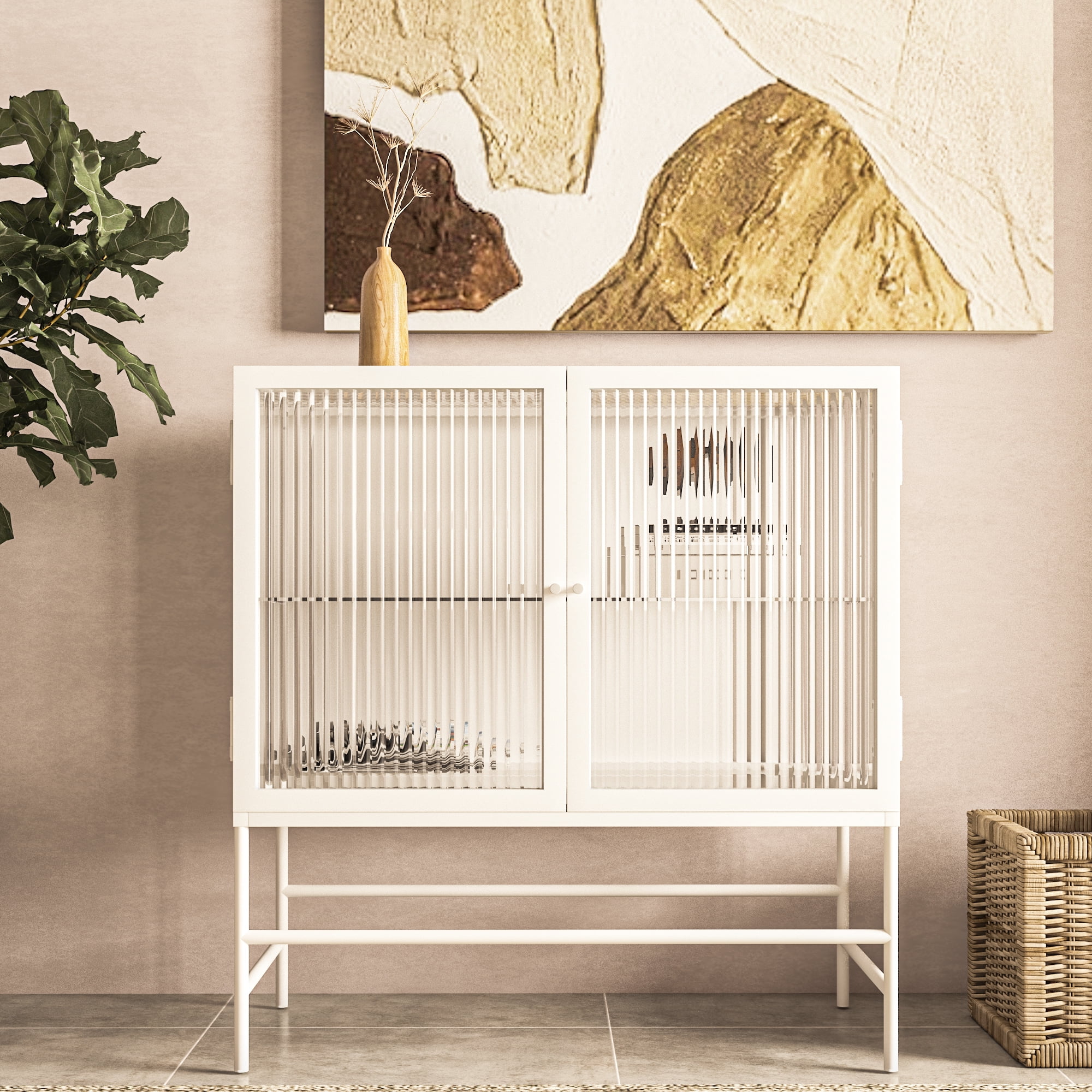 Roomfitters Fluted Glass Sideboard Buffet Minimalist Credenza